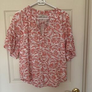 LOFT White Blouse with Coral Floral Print and Tie Neck